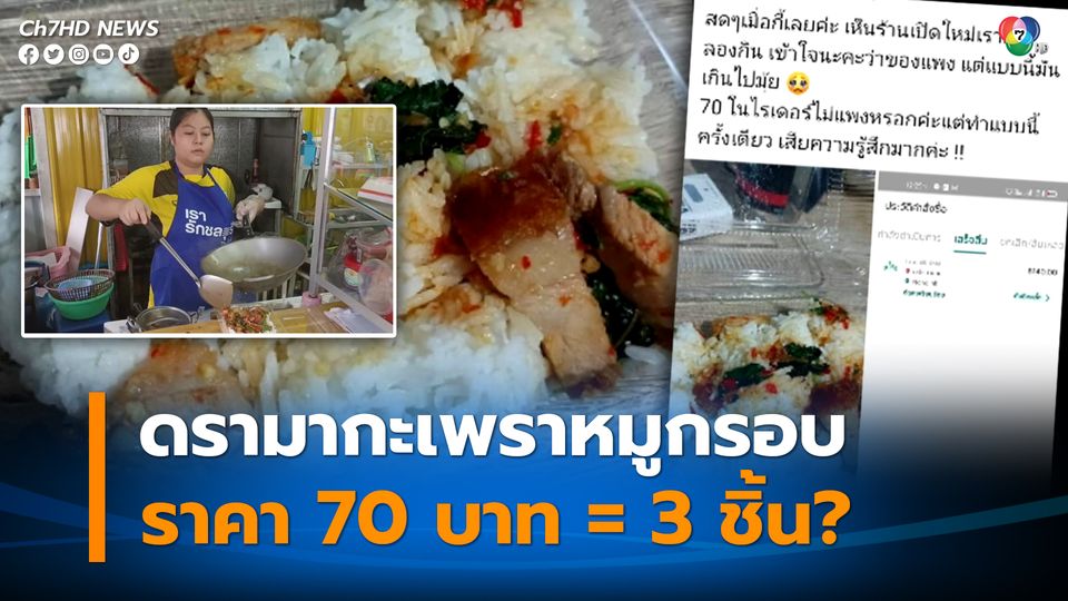 ดรามาสั่งอาหารกะเพราหมูกรอบ ราคา 70 บาท ได้ 3 ชิ้น เจ้าของร้านยันไม่เป็นอย่างที่โพสต์ ได้เยอะเกือบ 10 ชิ้น คุ้มราคา