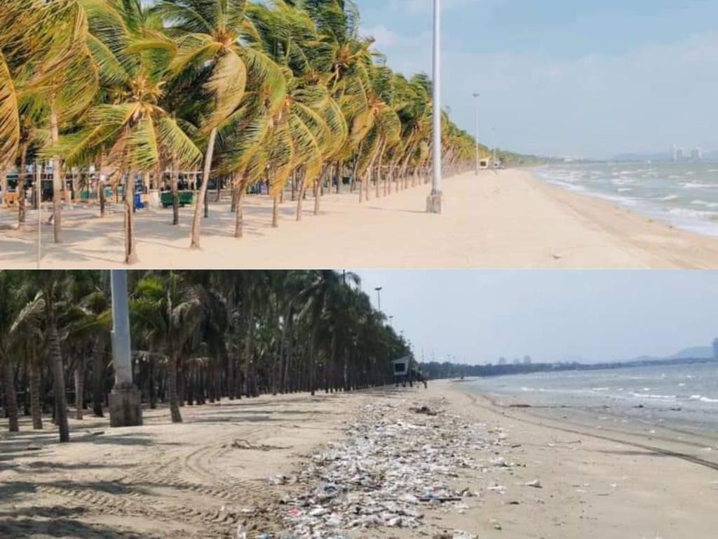 ภาพเปรียบเทียบชายหาดบางแสน ก่อนปิดช่วงโควิดและหลังมาตรการผ่อนปรน