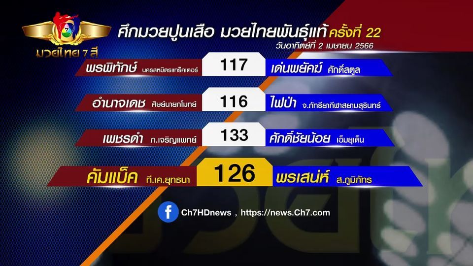 มวยไทย 7 สี : โปรแกรมมวยไทย 7 สีวันอาทิตย์ที่ 2 เมษายน 2566 | มวยเด็ด วิกหมอชิต